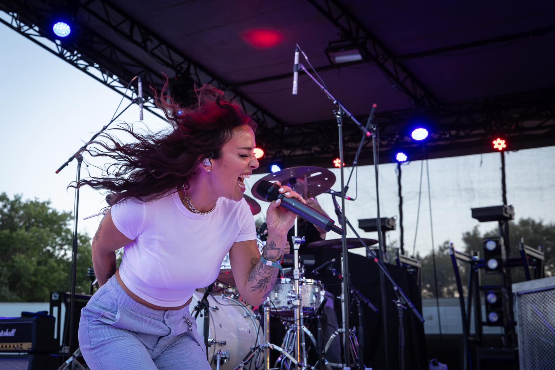 A dynamic performer onstage with flowing hair, holding a microphone, next to a drum set under concert lighting. A dynamic performer onstage with flowing hair, holding a microphone, next to a drum set under concert lighting.